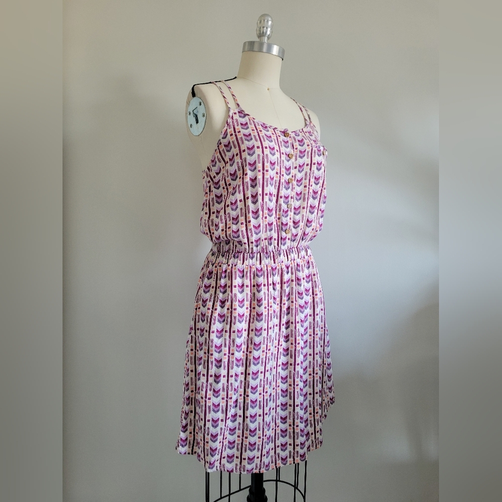 Crochet back dress with white, pink and purple printed fabric